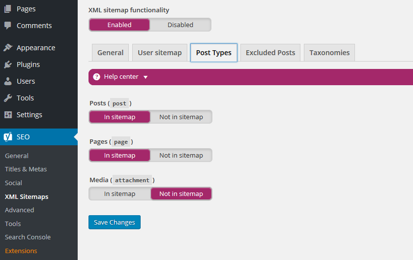 cara setting Yoast XML Sitemaps - post types