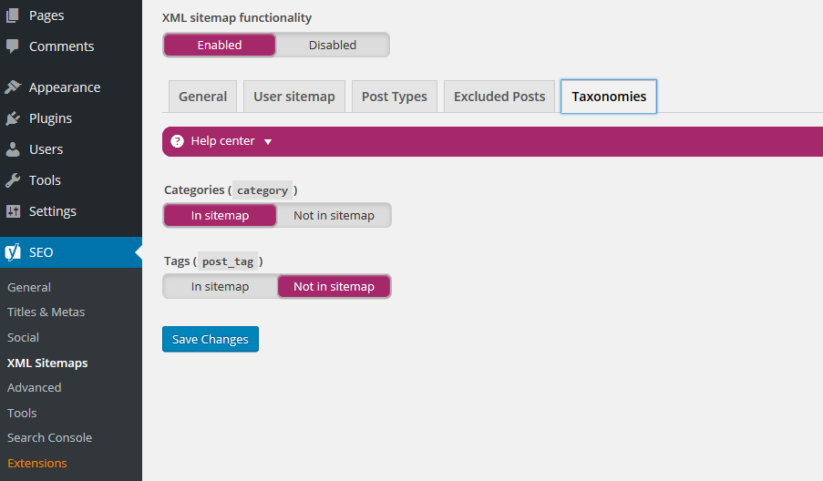 cara setting Yoast XML Sitemaps - taxonomies