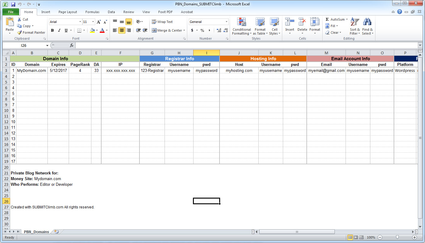 Template PBN Domain Excel spreadsheet