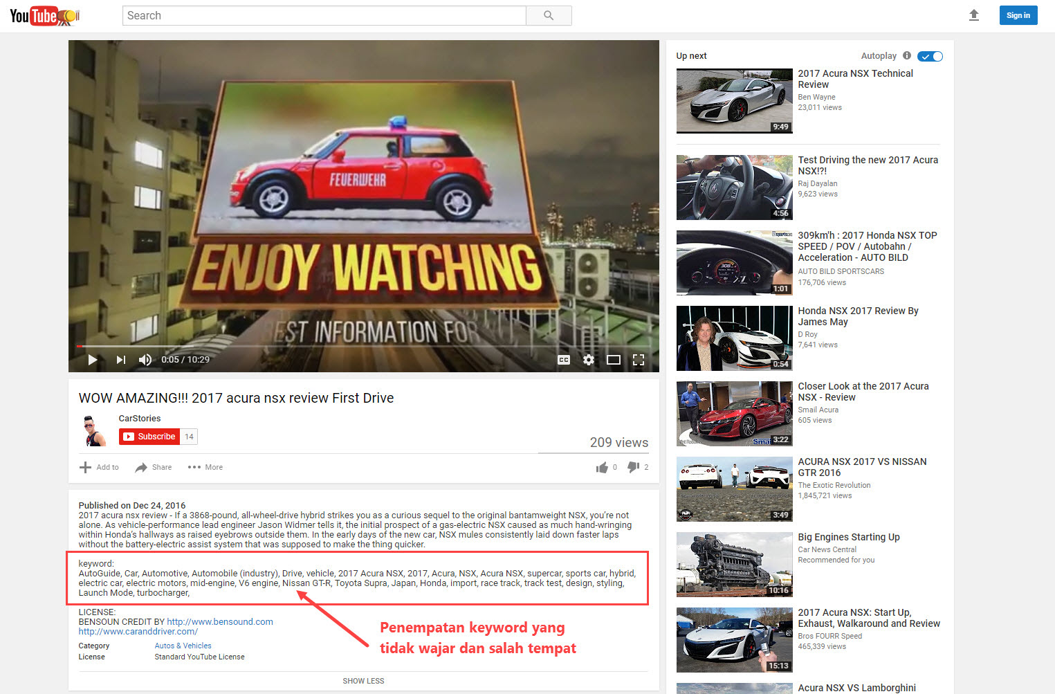 contoh penempatan keyword YouTube yang salah