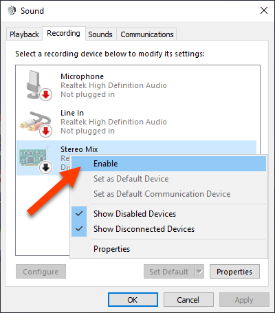 Enable pada fitur Stereo Mix