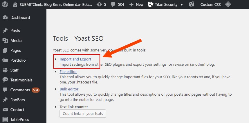 Pengaturan Yoast untuk export seo setting