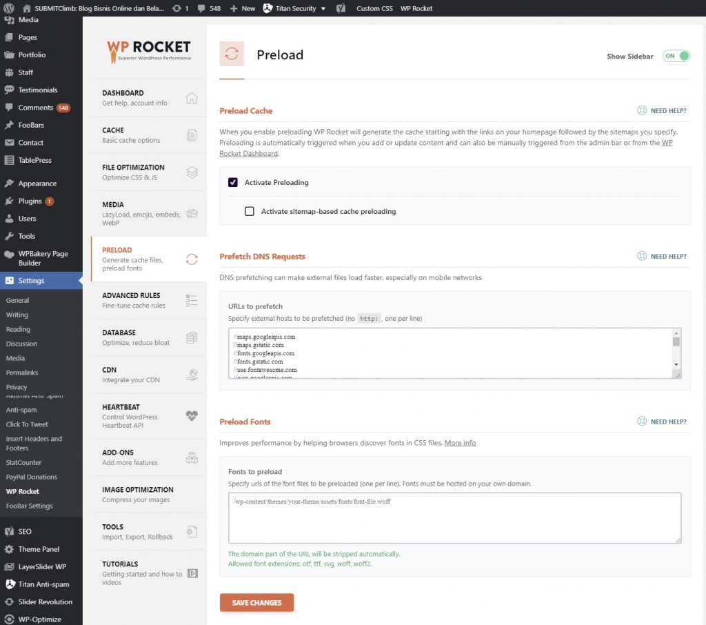 Pengaturan Preload WP Rocket