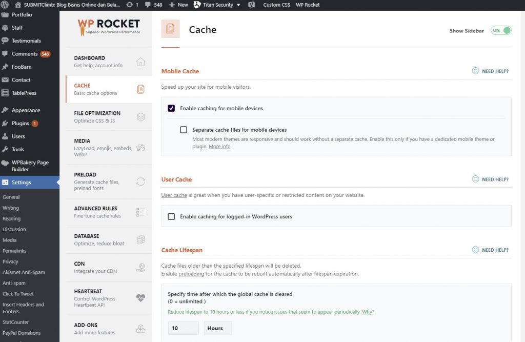 Pengaturan cache wp rocket
