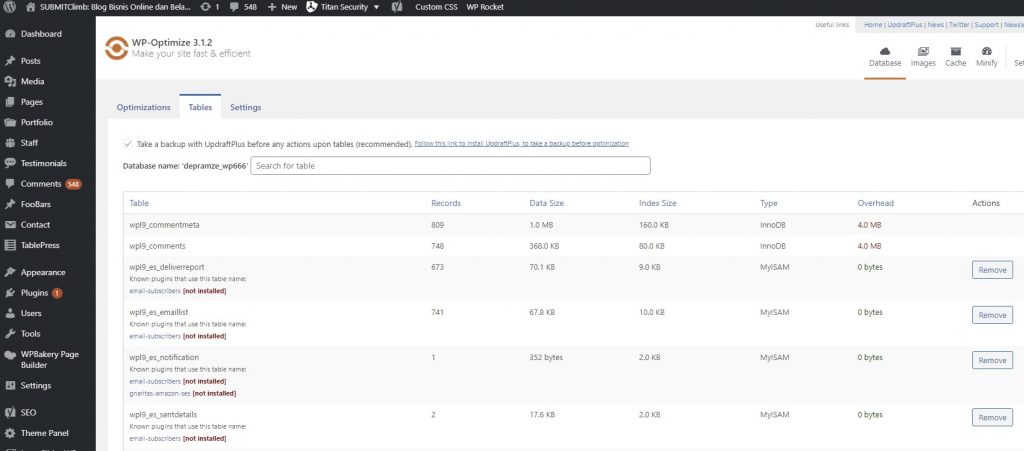 WP-Optimize bagian Tables