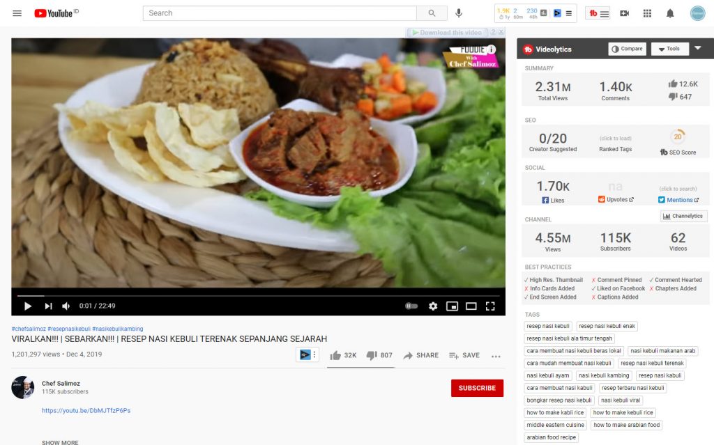 Extension TubeBuddy untuk melihat tag video